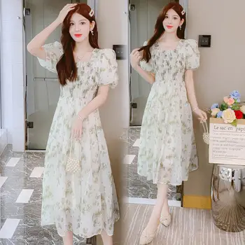Mmer FashionKorean Versionedition Small Pure Fresh Sweet Lady Aristocratic Wind Fund 2023 Летнее платье с цветочным рисунком растений с роговыми рукавами
