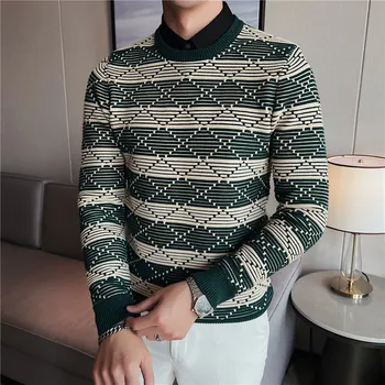 Превосходный цветовой контраст, рубашка в ромбовидную клетку, свитер с горловиной для мужчин, осень и зима, новый модный жаккардовый повседневный пуловер для мужчин