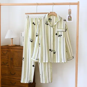 Комплект мужской и женской пижамы в вертикальную полоску с принтом панды в полный рост, домашняя одежда для брюк из 100% хлопка, ночная одежда