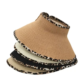 Солнцезащитная шляпа Sparsil для женщин, летняя, с Пустым верхом, с леопардовыми полями, Складные Соломенные шляпы с бантом, Регулируемая Пляжная Панама-ведро