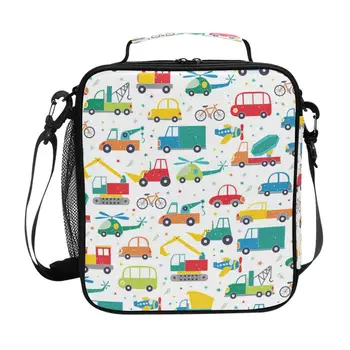 Детская сумка для ланча, не содержащая BPA, модная сумка с мультяшным автомобильным принтом для мальчиков и девочек, Съемная ручка, Портативная изолированная сумка для ланча
