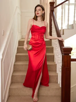 Вечернее платье из блестящего атласа красного цвета для свадебной вечеринки, выпускных знаменитостей, коктейльных бальных платьев на шнуровке с открытой спиной