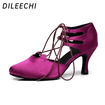 Туфли для латиноамериканских танцев DILEECHI, женские черные и фиолетовые атласные туфли для танцев на квадратной подошве высотой 7,5 см.
