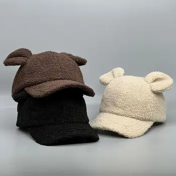 Новые шапки из меха ягненка, осенне-зимняя корейская версия, однотонная теплая шапка, плюшевые бейсболки, зимняя бейсболка