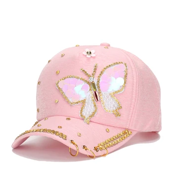 Модные бейсболки, шляпа для женщин, уличная бейсболка с бабочкой и бриллиантами, женская кепка Casquatte, Металлическая Солнцезащитная шляпа с тремя кольцами