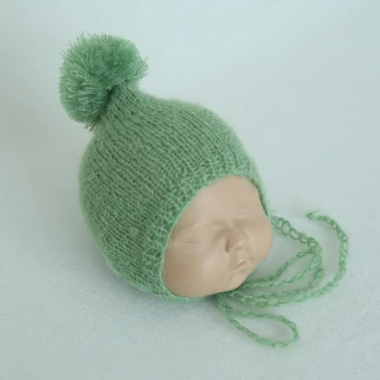 Шапка для новорожденных, детская шапка с помпоном, теплая зеленая Регулируемая вязаная шапка ручной работы на шнуровке, Удобная осенняя шапочка-капор