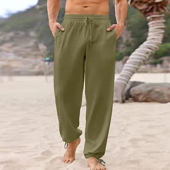 Весенне-летние мужские брюки, мужская повседневная пляжная одежда, Длинные брюки, Повседневный комфорт, Однотонные свободные брюки на открытом воздухе, брюки