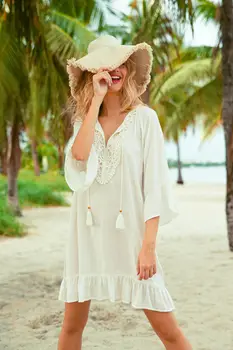 Жаркие летние женские белые кружевные бикини с кисточками, связанные крючком, пляжный топ, кафтан, пляжный купальник Caidigan, пляжное платье