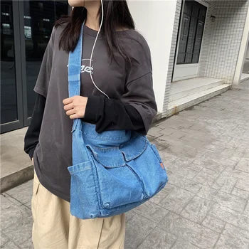 Синяя джинсовая женская сумка с регулируемым ремешком джинсовая сумка-мессенджер Y2K Холщовая сумка через плечо, эко-сумка, Корейская сумка для покупок Murse