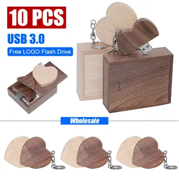флешка из 10шт орехового дерева в форме сердца + коробка USB 3.0 флэш-накопитель с бесплатным пользовательским логотипом, карта памяти с брелоком, свадебный подарок, U-диск 8G