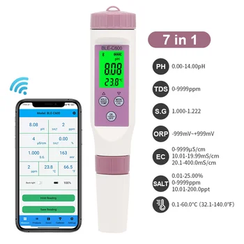 Bluetooth 7 в 1 Многофункциональный измеритель pH TDS EC ORP солености SG температуры, Тип ручки IP67 ATC для гидропоники, аквариума