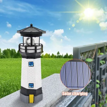 Солнечная Светодиодная лампа в форме маяка, Садовый забор, Наружный Умный датчик, Вращающаяся лампа