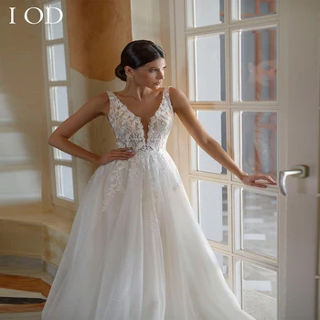 I OD 2023 Элегантное Свадебное платье трапециевидной формы с аппликацией из тюля, V-образный вырез, бретельки-спагетти, пуговицы сзади, без рукавов, Vestidos De Novia