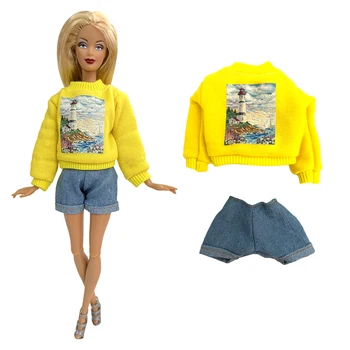 NK 1 шт Желтый повседневный свитер + джинсовые брюки Модные наряды Одежда для куклы Барби Одежда для кукол 1/6 BJD Аксессуары для кукольного дома