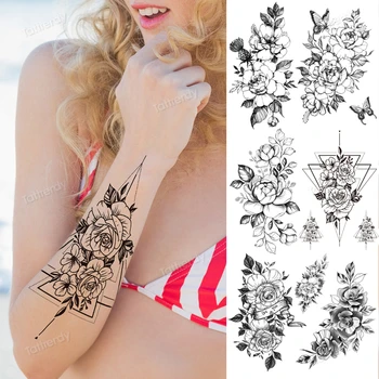 временная татуировка наклейка цветок роза пион подсолнух бабочка эскиз линии татуировки большой боди арт татуировка на рукавах бедрах ногах