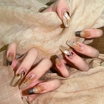 кофейный Французский Балет, накладные ногти с полным покрытием, Цветочный дизайн, накладные ногти, Носимые Наклеиваемые на ногти Наконечники для маникюра