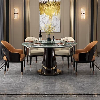 Итальянский легкий роскошный круглый мраморный обеденный стол и стул, дизайнерский обеденный стол с поворотным столом