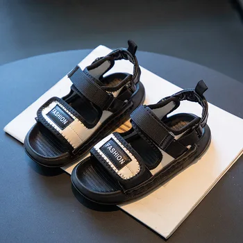 2023 Летние детские сандалии для мальчиков, пляжные сандалии для маленьких девочек, нескользящие удобные спортивные сандалии на открытом воздухе, черно-бежевая обувь