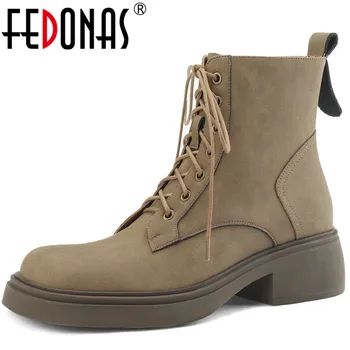 FEDONAS 2023, уличные повседневные женские ботильоны, осень-зима, популярная мода, Новое поступление, Женская обувь из натуральной кожи на толстом каблуке