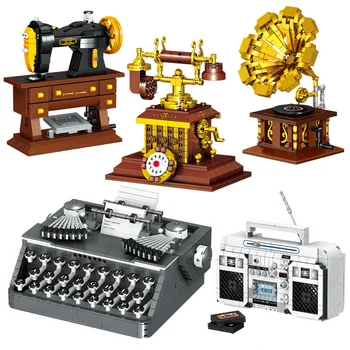Мини-блоки Винтажной серии, Строительные блоки из микрочастиц, модель пишущей машинки, Фонограф, Классический Телефон, кофеварка, Игрушечный дисплей