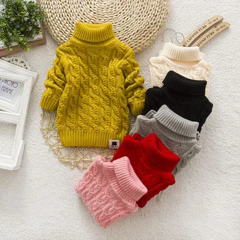 Детский свитер для девочек, трикотажный пуловер с высоким воротом, детские зимние топы, однотонные свитера, осенний теплый свитер для мальчиков и девочек, Тянущийся за собой