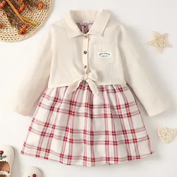 Комплект одежды для девочек 1-6 лет, рубашка с длинным рукавом, кардиган + клетчатое платье без рукавов, модный повседневный наряд в стиле ретро из 2 предметов, 2 предмета