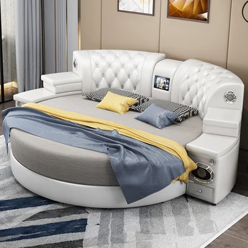 Круглая кровать из натуральной кожи, пара двуспальных мягких сумок, двуспальная кровать, современная и простая круглая кровать длиной 2 метра
