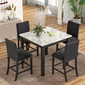 Обеденный стол высотой со столешницу из 5 предметов, состоящий из одного обеденного стола из искусственного мрамора и четырех стульев с мягкими сиденьями