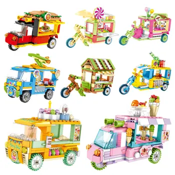 Мини-конструктор с видом на улицу, игрушки для детей, мороженое, бургер, автомобиль, Трехколесный велосипед, Креативные маленькие кирпичики, развивающие игрушки, подарки
