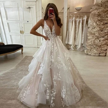 2023 Свадебное платье для женщин, элегантные аппликации, V-образный вырез, спинка, длина до пола, вечернее платье, модное роскошное свадебное платье трапециевидной формы