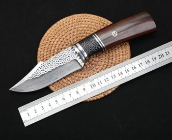 Нож Black Warrior с прямым фиксированным лезвием VG10 Дамасский клинок Ручка из розового дерева Тактические Охотничьи Рыболовные EDC Ножи для выживания