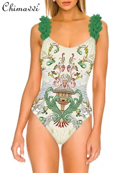 Сексуальный цельный купальник с открытой спиной, женский пляжный цельный кружевной комбинезон-слинг 2023, юбка с принтом, костюм-двойка
