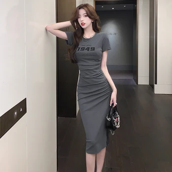 2023 Лето, Новое Корейское плиссированное платье с завязками, женское облегающее платье с разрезом сбоку, длина до бедер