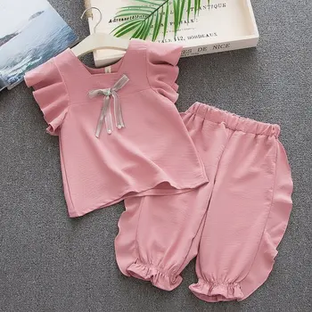 Летний комплект одежды с розовыми оборками на рукавах для девочек-подростков, модные топы, длинные брюки, детская одежда, одежда для девочек-малышей