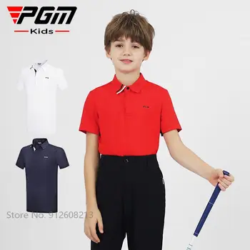 Одежда для гольфа для мальчиков PGM, спортивная футболка для гольфа с коротким рукавом, Детские топы с отложным воротником, летняя детская дышащая рубашка от пота