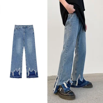 Джинсы-клеш с необработанным краем, модные уличные трендовые широкие брюки в стиле хип-хоп, повседневные свободные прямые джинсовые брюки оверсайз