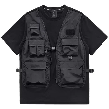 Мужские футболки Techwear с многофункциональными карманами, модные уличные летние футболки с коротким рукавом, поддельные тактические топы из двух частей