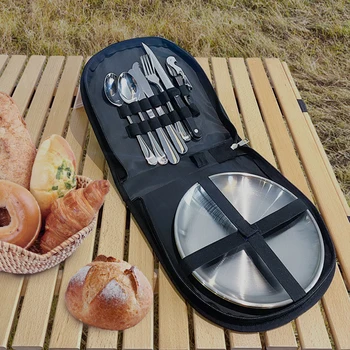Уличный Портативный набор посуды Столовые приборы для пикника из нержавеющей стали Нож для стейка Ложка Столовые приборы Тканевая Тарелка Набор посуды для кемпинга Сумки