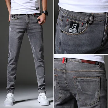 Брендовые мужские джинсы Slim Fit, обтягивающие джинсы, дизайнерские эластичные прямые джинсы, стрейчевые брюки, джинсы для мужчин