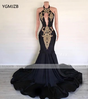Bakcless Русалка Черное платье для выпускного вечера 2020 Золотое кружевное платье без рукавов Сексуальные Женщины Вечернее платье для выпускного вечера Вечерние платья