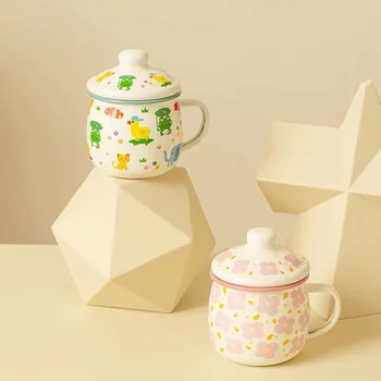 Утолщенная эмалевая чашка с милым животным цветочным узором, Кофейные чашки, Кружка с крышкой, Креативный подарок для дома, Кружки для овсяного молока Kawaii Kids на завтрак