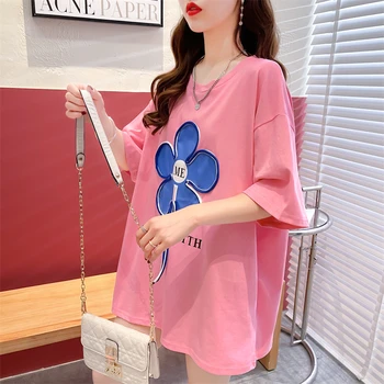 G42043 # Топы для беременных, футболка большого размера, Корейская одежда с коротким рукавом, свободный Хлопковый Летний топ для беременных с цветочным принтом средней длины