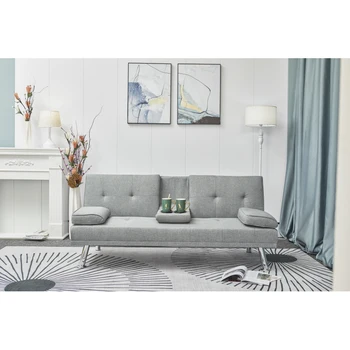 Серый тканевый кожаный многофункциональный двуспальный диван-кровать, диван для гостиной, с журнальным столиком, прочная конструкция, проста в сборке.