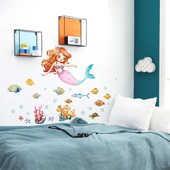 Русалка с коралловым пузырем на фоне гостиной, украшение детской комнаты, самоклеящаяся наклейка на стену