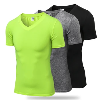 Мужские футболки для тренировок с V-образным вырезом, быстросохнущая футболка для тренировок в тренажерном зале, компрессионные топы для бега трусцой, фитнеса с индивидуальным логотипом