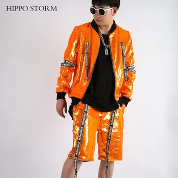 Модная повседневная одежда с блестящими оранжевыми пайетками, летняя короткая одежда для выступлений в стиле хип-хоп-бар на заказ