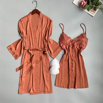 Женский халат из 2 предметов, костюм-кимоно, Пижамные комплекты, Сексуальная пижама, Оранжевый Атласный кружевной халат, Домашняя одежда, Ночная рубашка