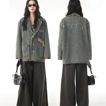 Весенне-летний блейзер 2023, винтажный дизайн с необработанными краями, рваная джинсовая куртка ручной работы с кисточками, офисная женская мода