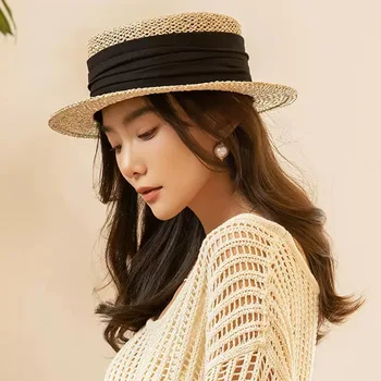 Женская летняя соломенная шляпа с плоским верхом, шляпа-канотье с лентой из морской травы, легкая панама с широкими полями, соломенная шляпа от солнца