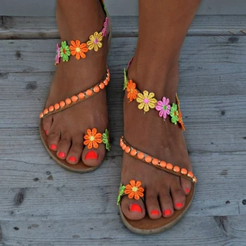 Летняя обувь, женские сандалии-гладиаторы, женская обувь на плоской подошве, модные пляжные сандалии в стиле бохо с цветами, женские большие размеры 44